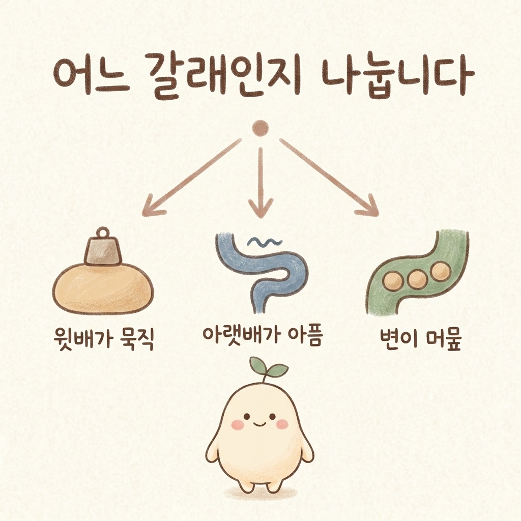기능성 복통이 나뉘는 갈래를 정리한 손그림 일러스트