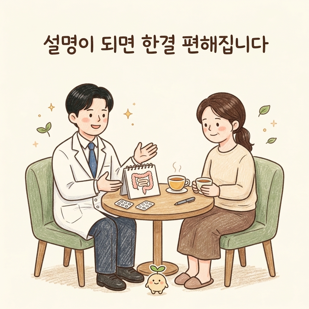 기능성 복통을 설명하며 안심시키는 한의사 상담 장면 손그림 일러스트