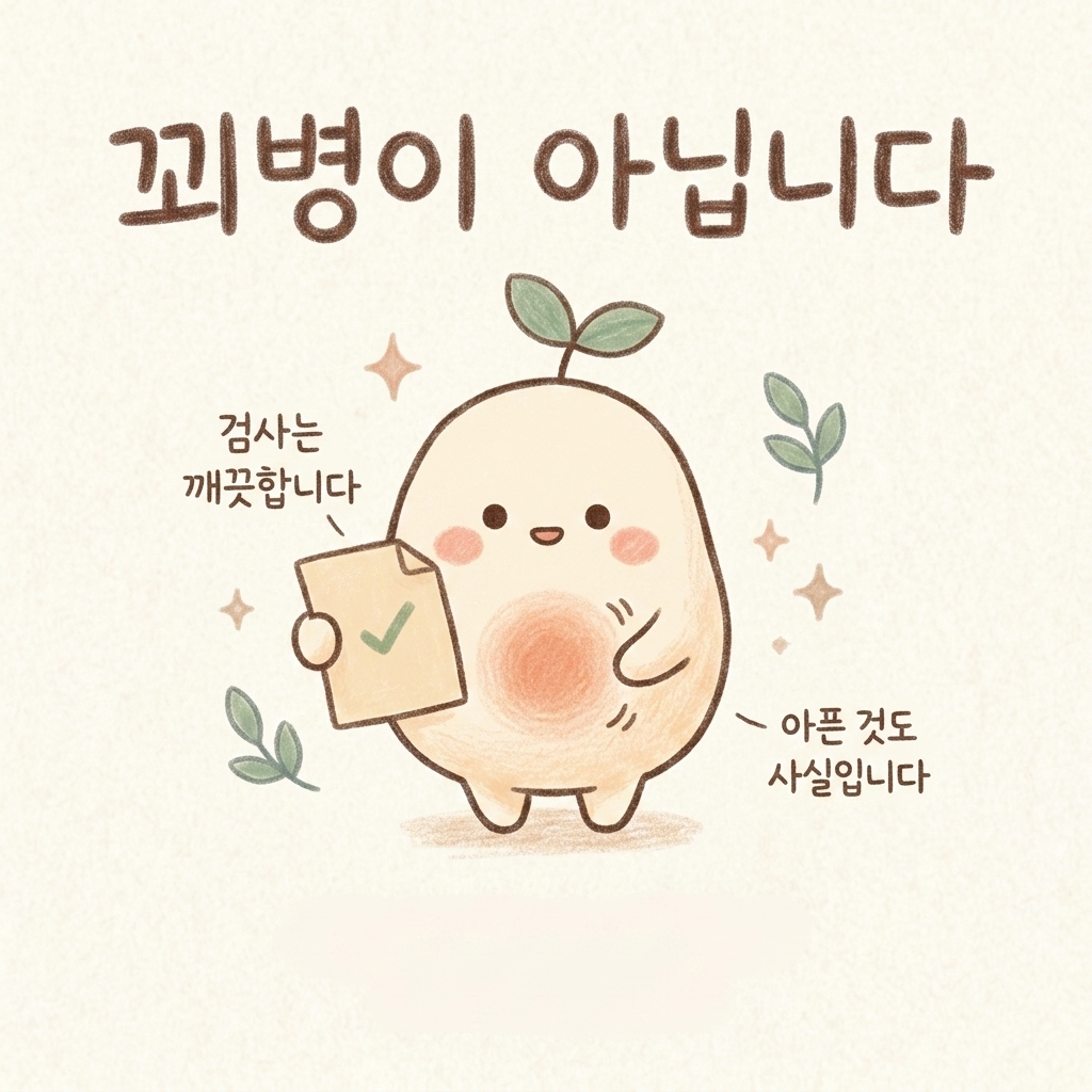 검사는 정상이어도 통증은 사실이라는 점을 설명한 손그림 일러스트
