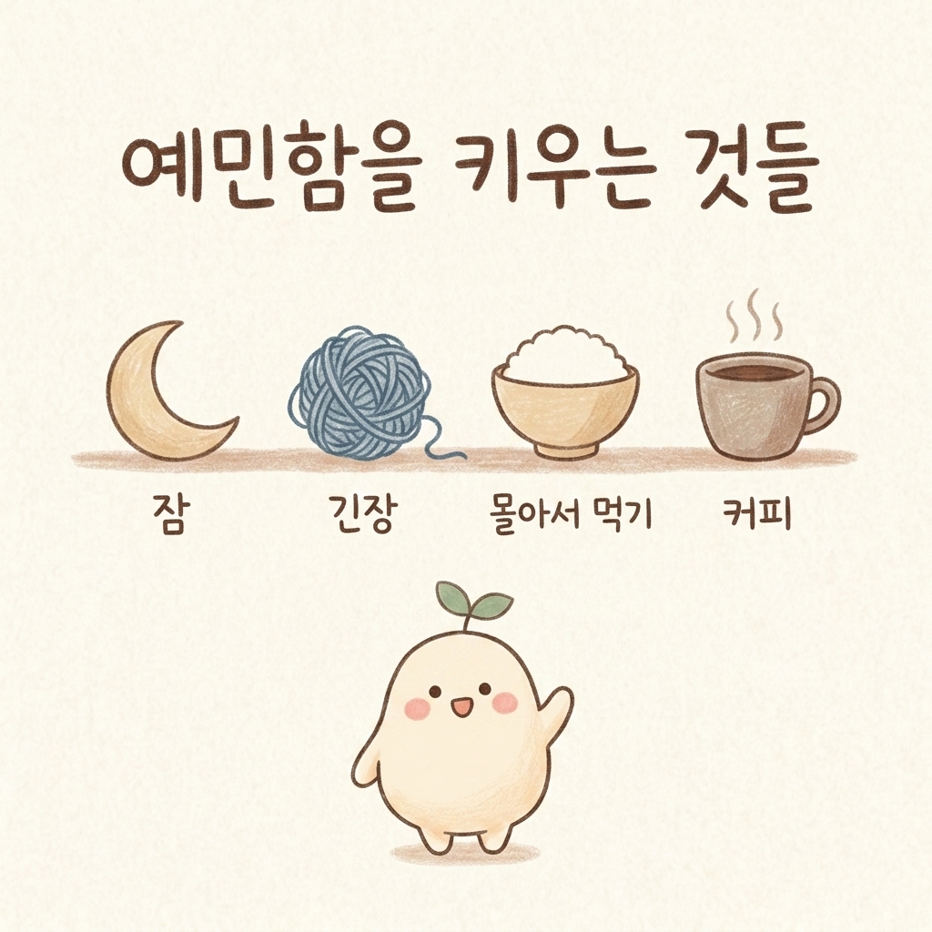 장을 예민하게 만드는 4가지 요인을 그린 손그림 일러스트
