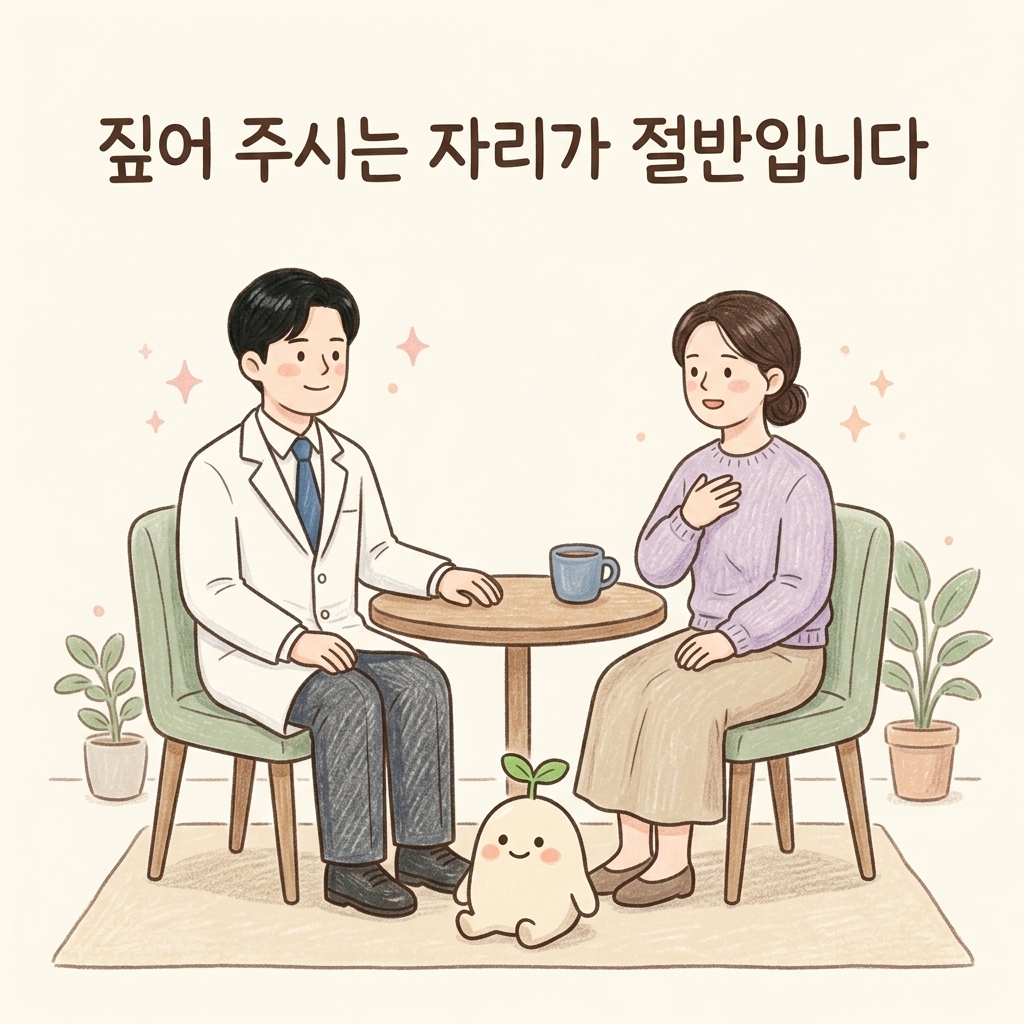 배가 아픈 자리를 함께 살펴보는 한의사 손그림 일러스트
