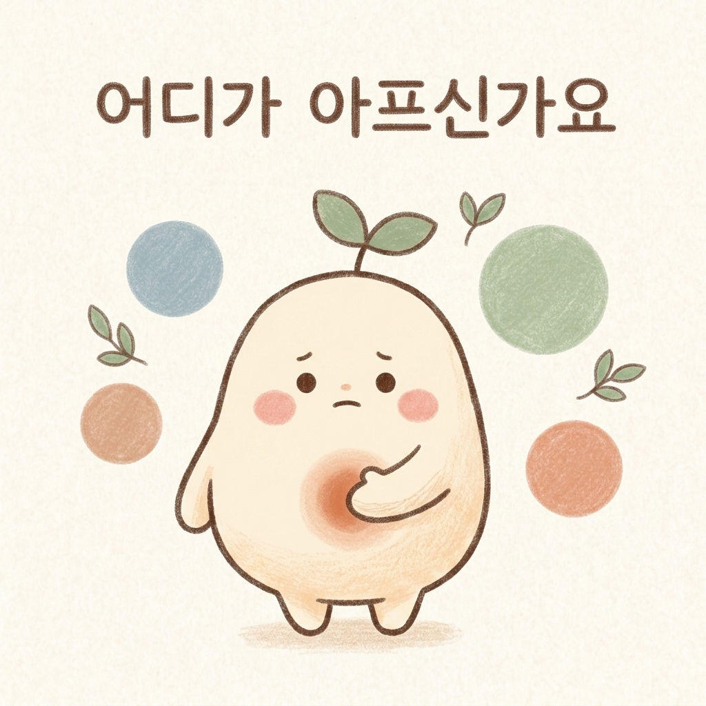 배가 아픈 자리를 짚어 보는 모습을 그린 손그림 일러스트