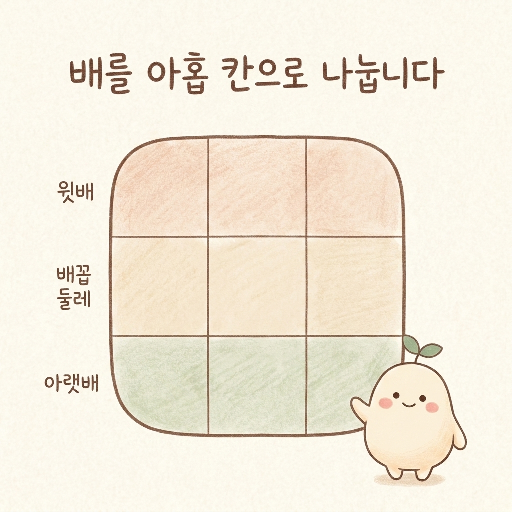 배를 아홉 칸으로 나눈 지도를 그린 손그림 일러스트
