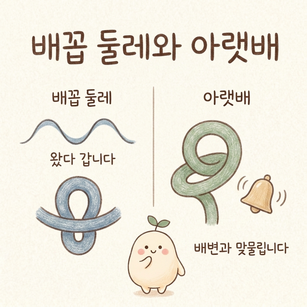 배꼽 둘레와 아랫배의 통증을 비교한 손그림 일러스트