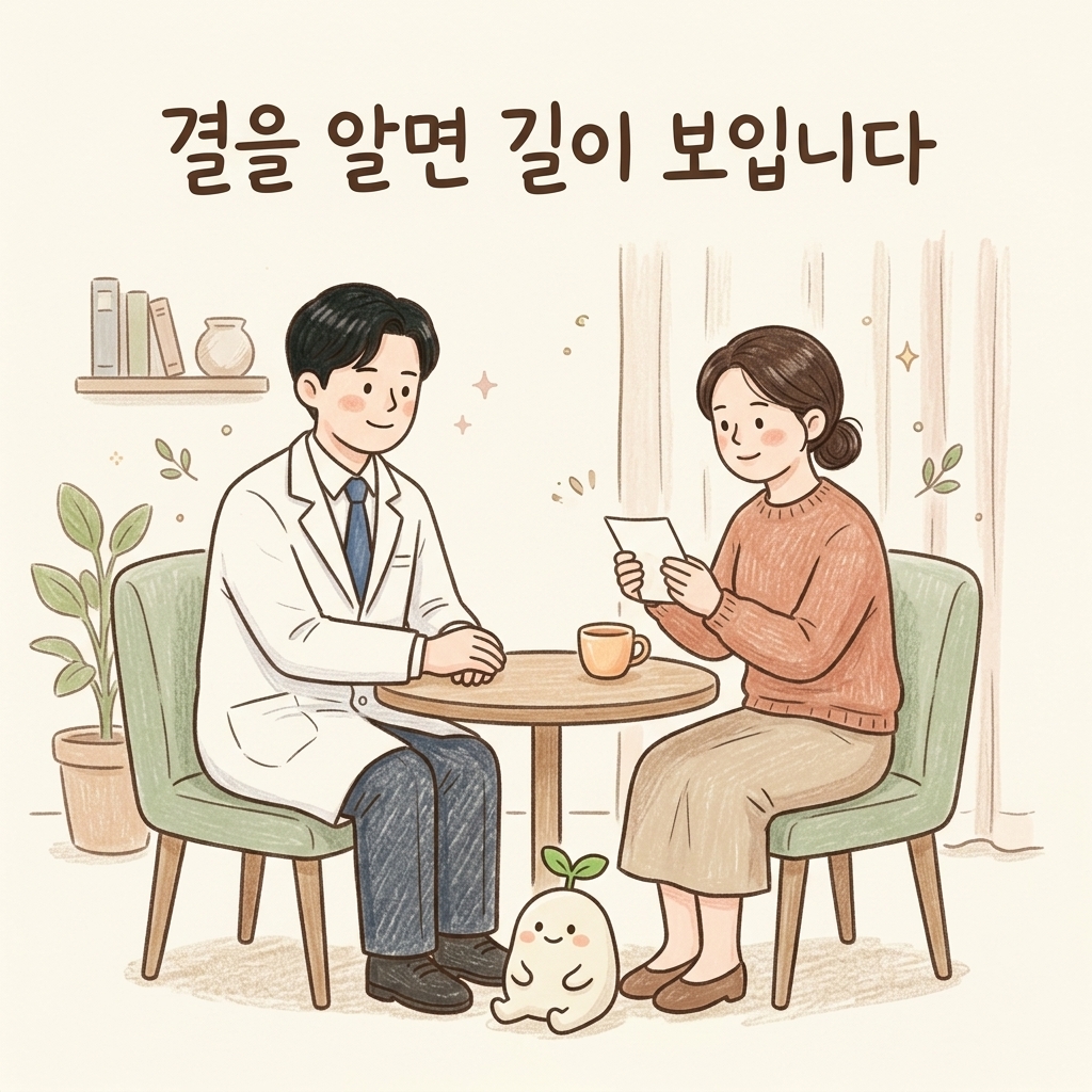 통증의 결을 함께 정리하는 한의사 상담 장면 손그림 일러스트