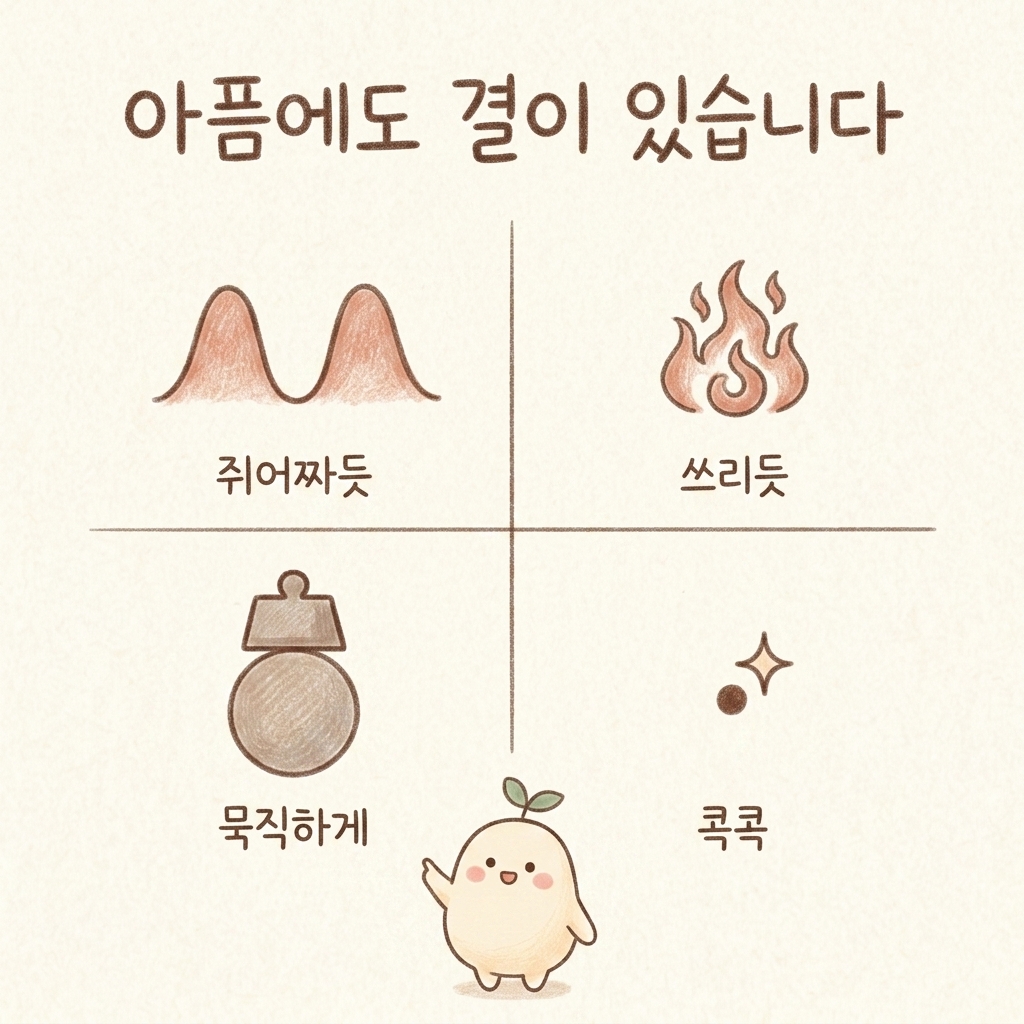 4가지 복통의 결을 비교한 손그림 일러스트