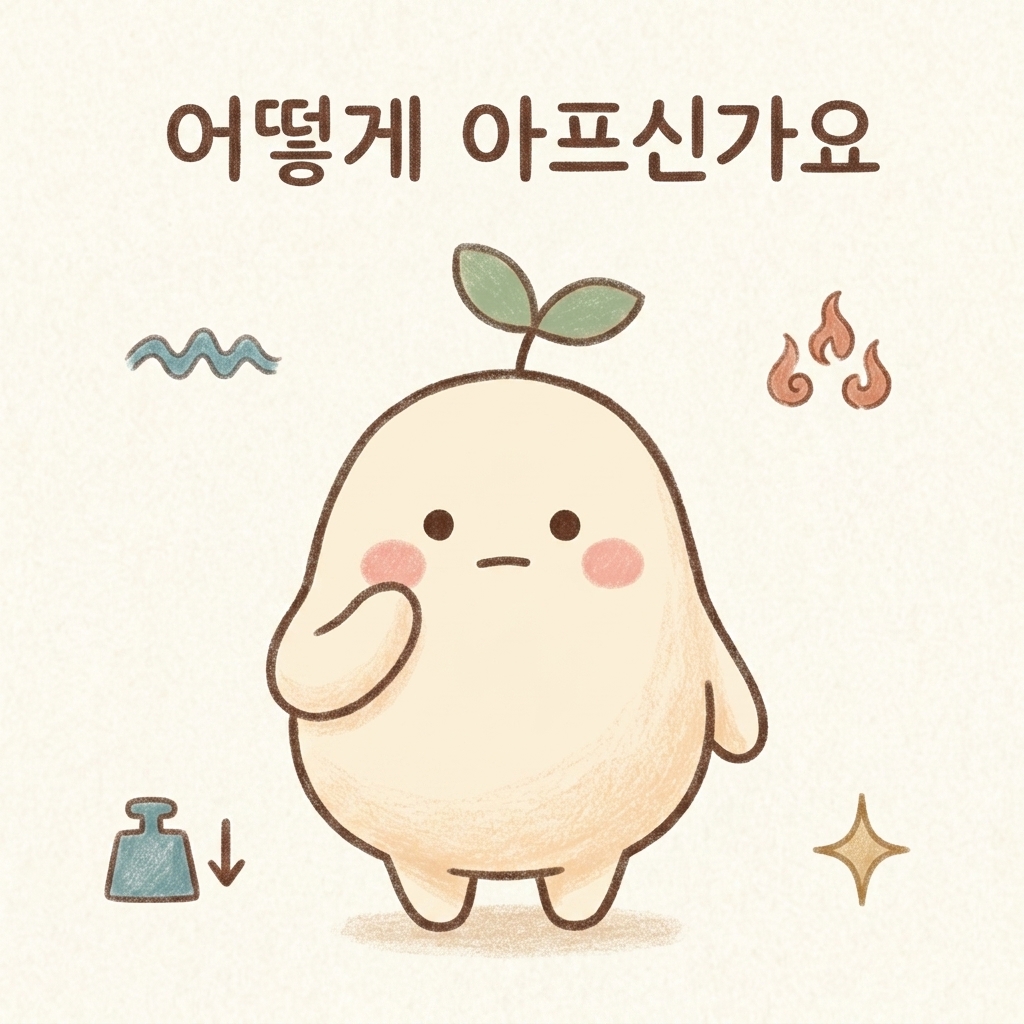 통증의 성격을 묻는 장면을 그린 손그림 일러스트