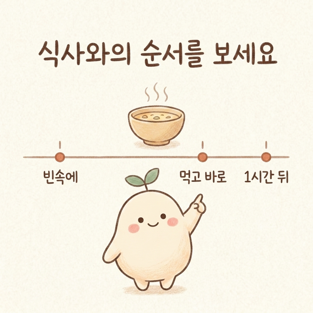 식사 시점과 통증의 관계를 정리한 손그림 일러스트