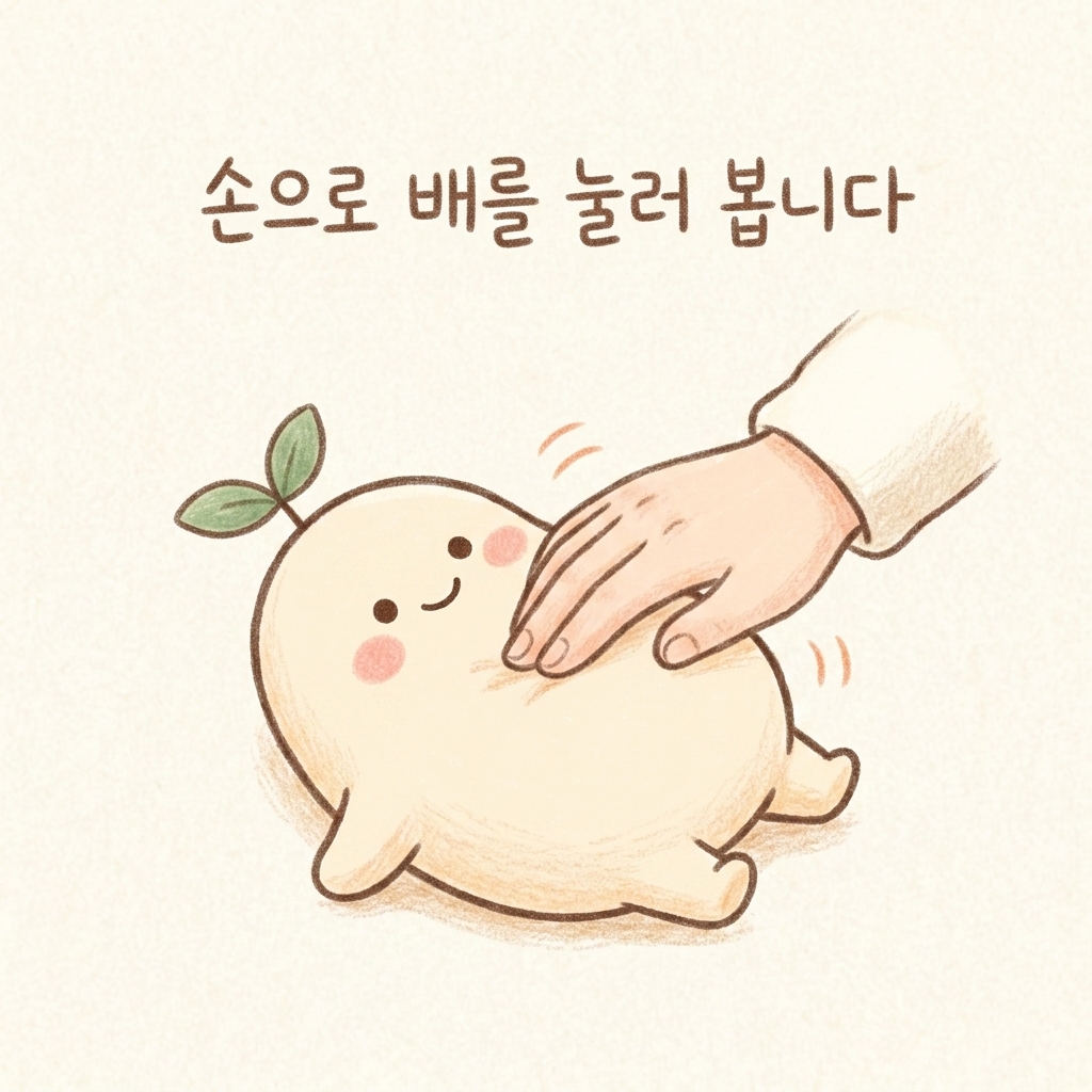 한의사가 손으로 배를 살펴보는 복진을 그린 손그림 일러스트