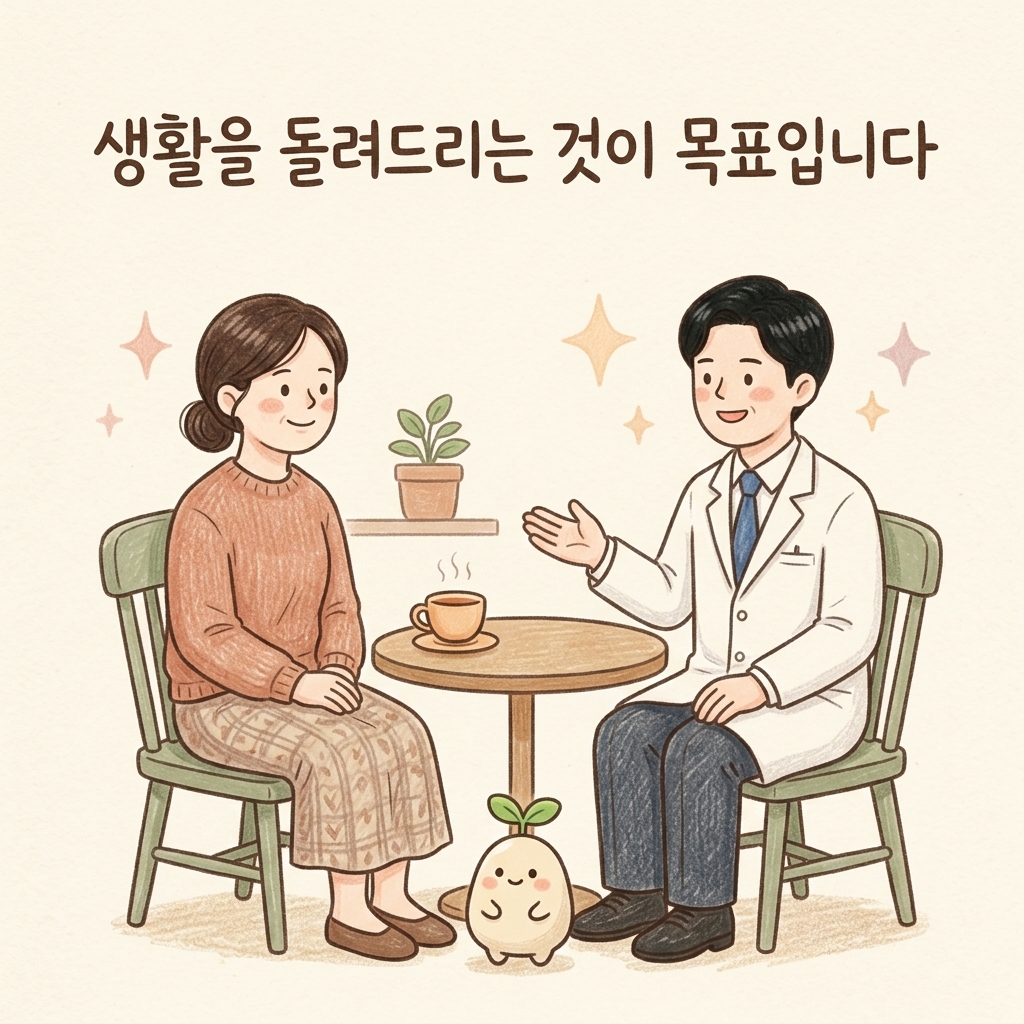 배 아픔 상담을 마무리하는 한의사 손그림 일러스트