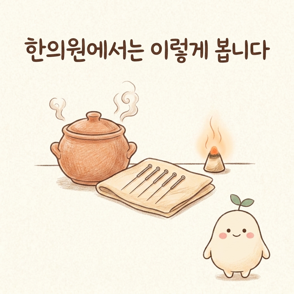 한의원에서 배 아픔을 살펴보는 장면을 그린 손그림 일러스트