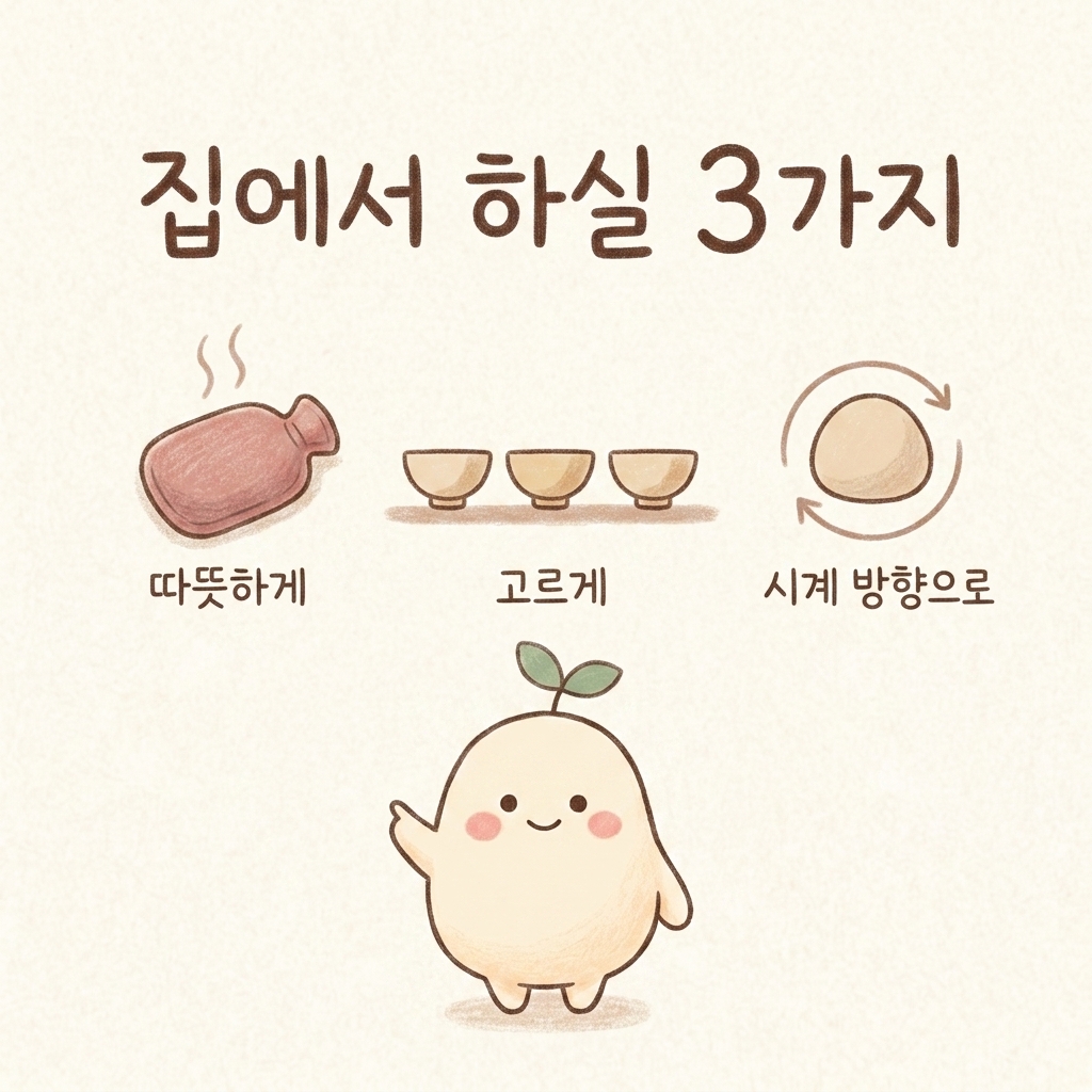 집에서 배를 따뜻하게 관리하는 방법을 그린 손그림 일러스트