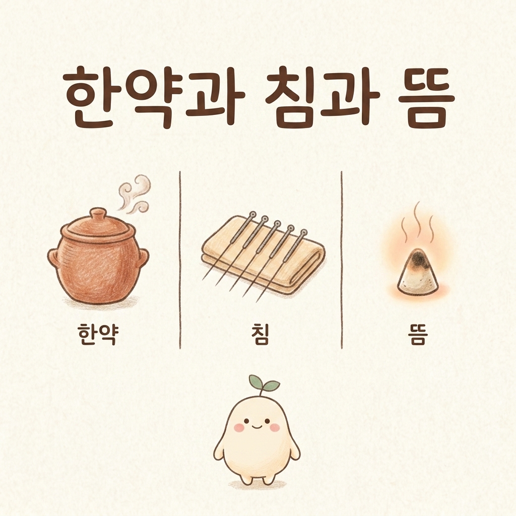 한약 침 뜸으로 배 아픔을 다루는 모습을 그린 손그림 일러스트