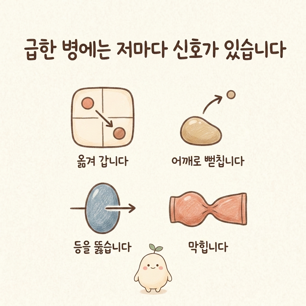 충수염 담석 췌장염 요로결석의 신호를 비교한 손그림 일러스트