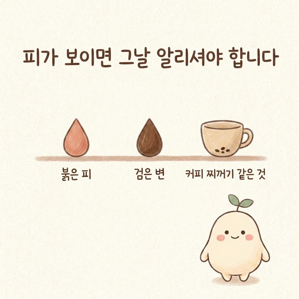 변과 구토에서 보이는 출혈 신호를 그린 손그림 일러스트