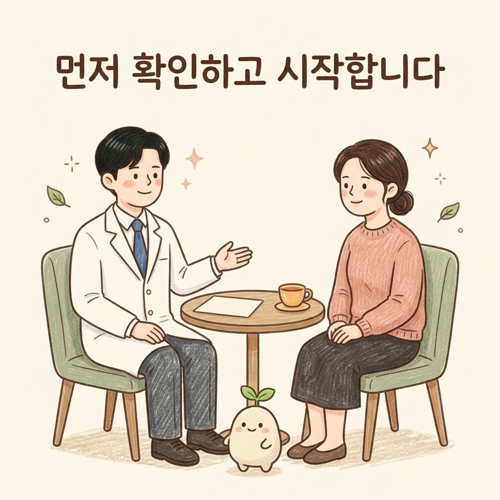 검사를 먼저 권하는 한의사의 상담 장면 손그림 일러스트