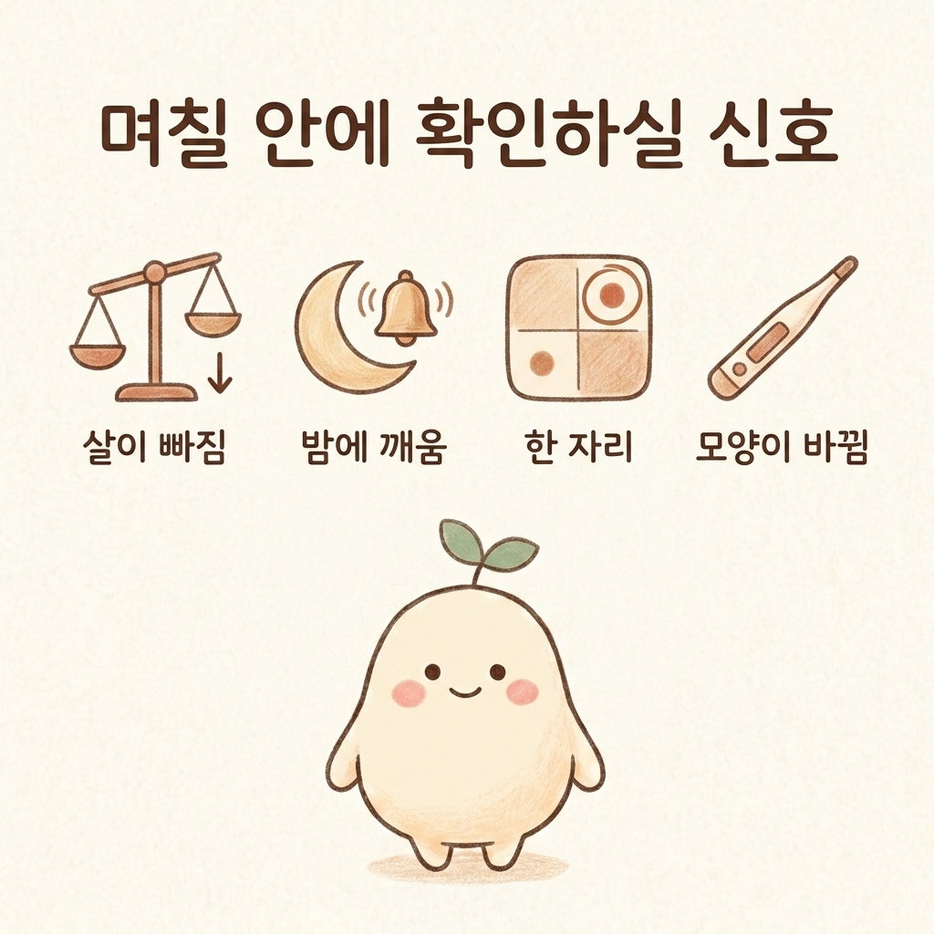 며칠 안에 검사를 받아야 하는 복통 신호를 그린 손그림 일러스트