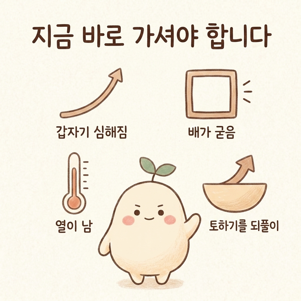 응급으로 병원에 가야 하는 복통 신호를 정리한 손그림 일러스트
