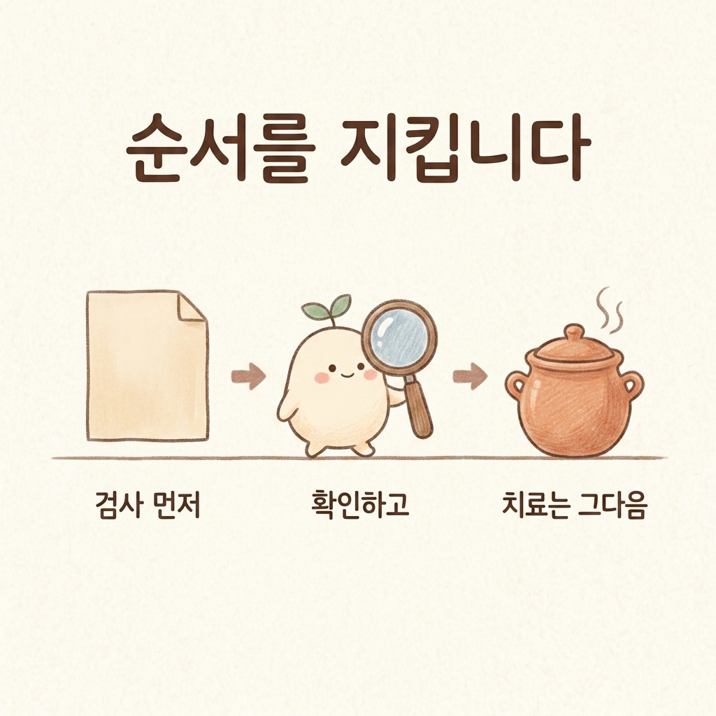 검사를 먼저 확인하고 치료 순서를 잡는 과정을 그린 손그림 일러스트