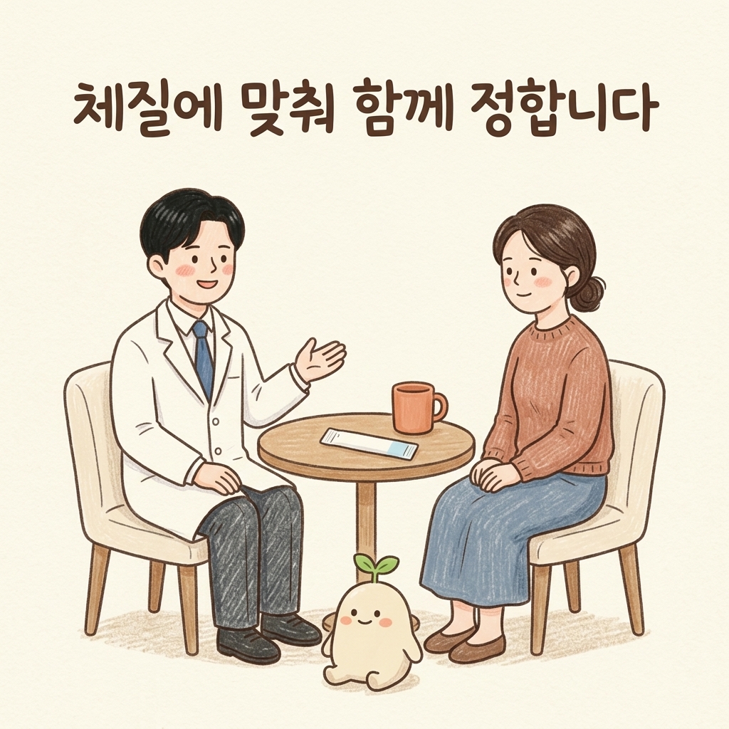 보폐고 복용을 상담하는 한의사와 환자 손그림 일러스트