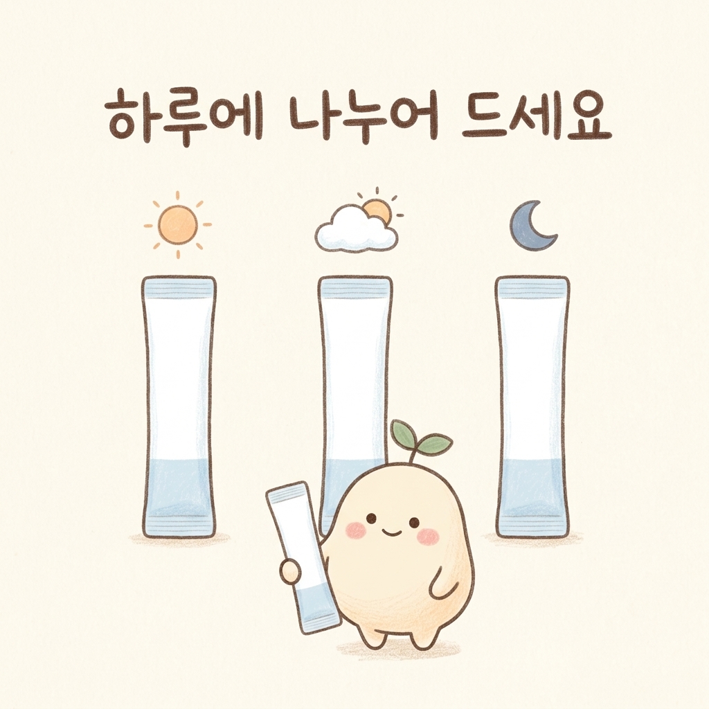 짜 먹는 한약을 아침·낮·저녁으로 나누어 먹는 모습을 그린 손그림 일러스트