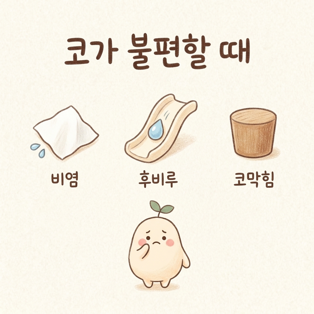 비염, 후비루, 코막힘 등 코가 불편한 증상을 그린 손그림 일러스트