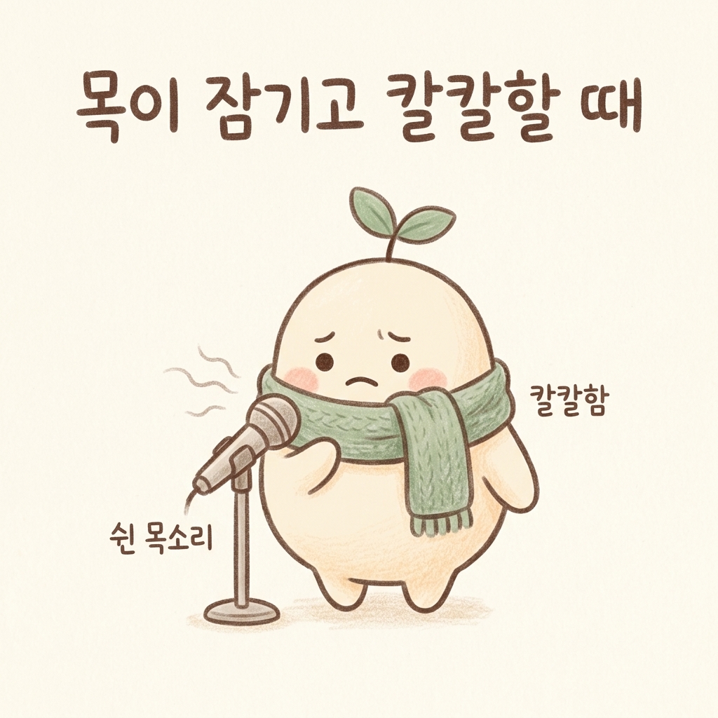 쉰 목소리와 목의 칼칼함을 그린 손그림 일러스트
