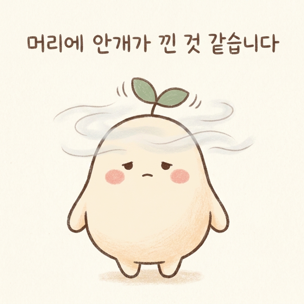 머리에 안개가 낀 것 같은 브레인포그 상태를 표현한 손그림 일러스트