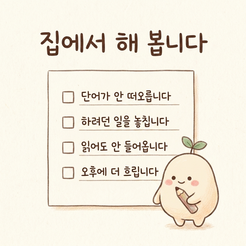집에서 해 보는 브레인포그 자가진단 4가지를 그린 손그림 일러스트