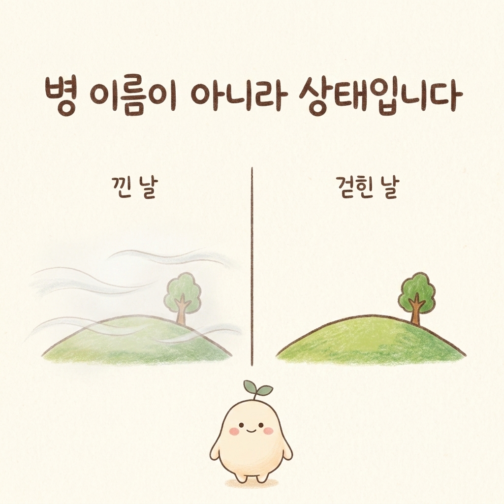 브레인포그가 병 이름이 아니라 몸의 상태라는 것을 표현한 손그림 일러스트
