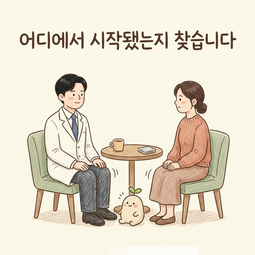 브레인포그의 원인을 상담하는 한의사와 환자 손그림 일러스트