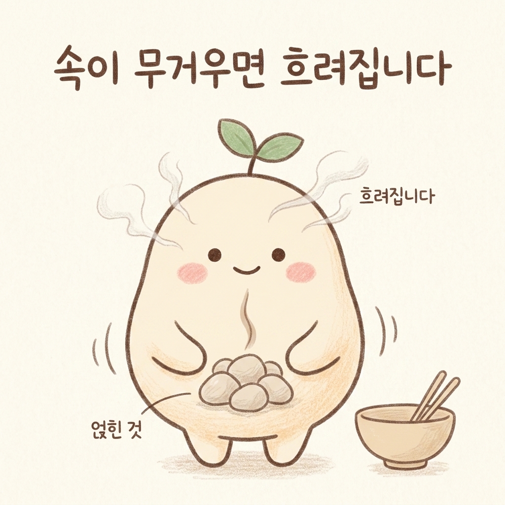 속이 무거우면 머리가 흐려지는 과정을 그린 손그림 일러스트