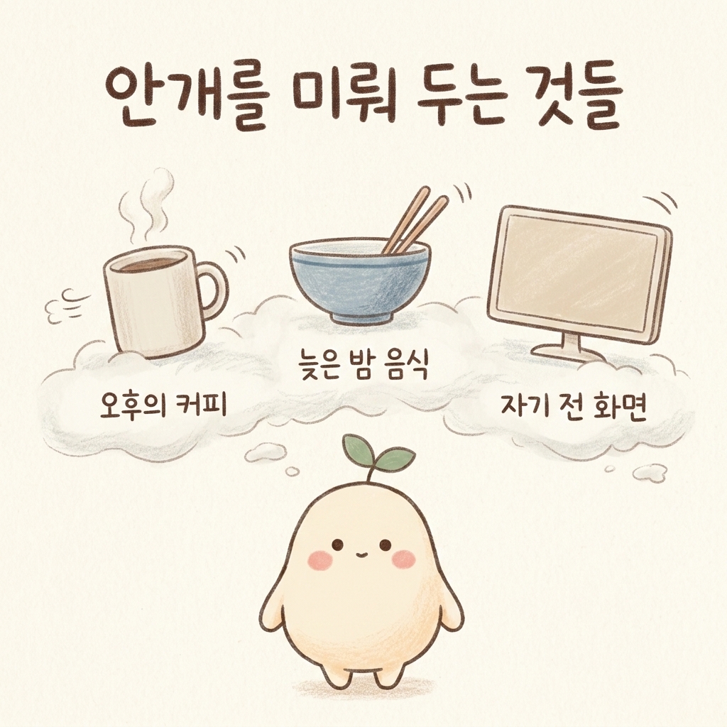 커피와 야식이 안개를 두껍게 하는 모습을 그린 손그림 일러스트