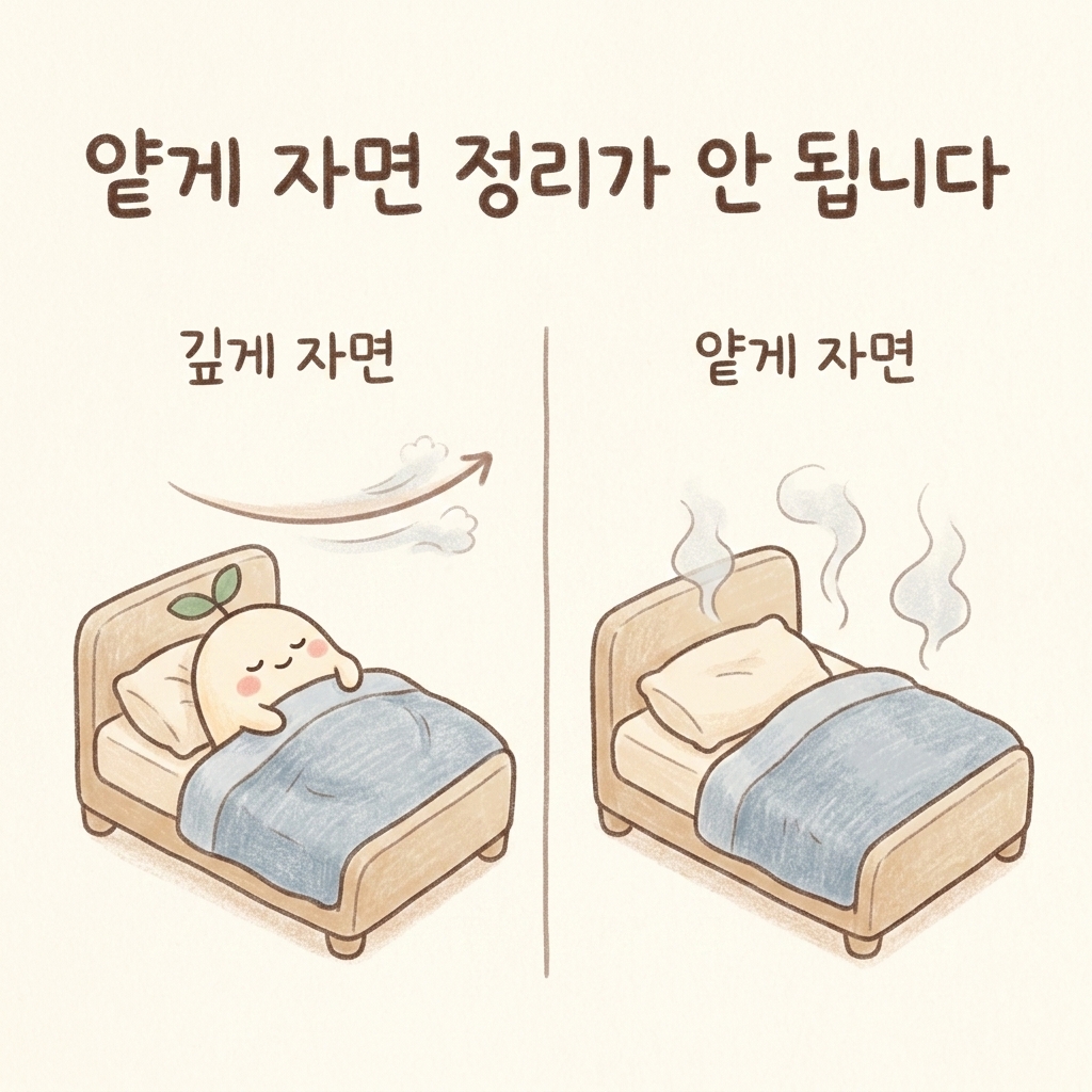 얕은 잠이 브레인포그의 시작이 되는 과정을 그린 손그림 일러스트