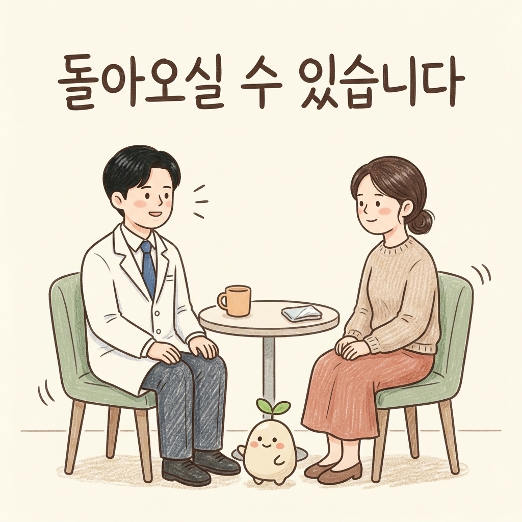 오래된 브레인포그를 상담하는 한의사와 환자 손그림 일러스트