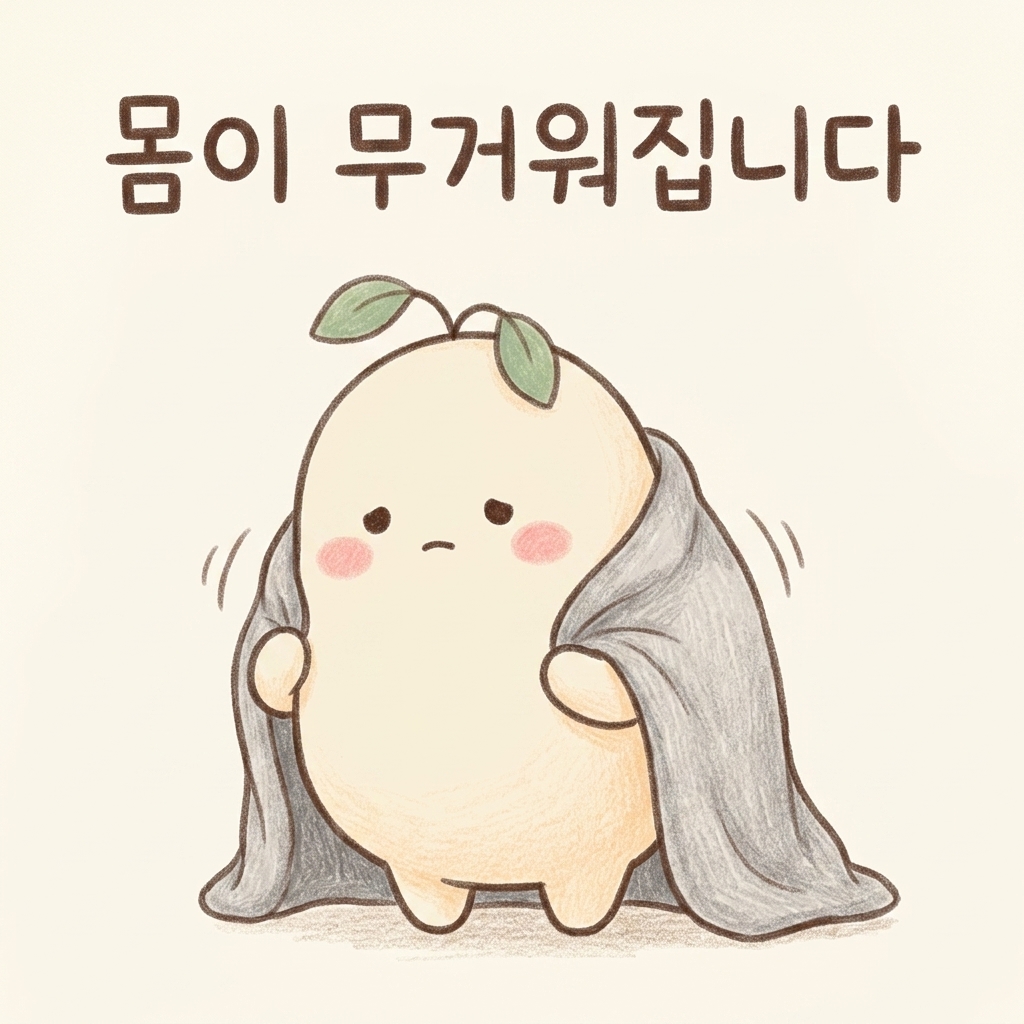 브레인포그가 오래되어 기운이 빠지고 몸이 무거워진 상태를 그린 손그림 일러스트