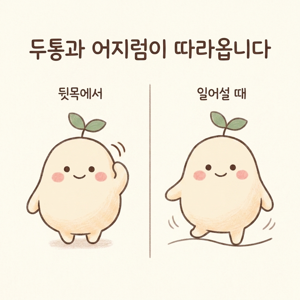 브레인포그가 오래되면 두통과 어지럼이 따라오는 모습을 그린 손그림 일러스트