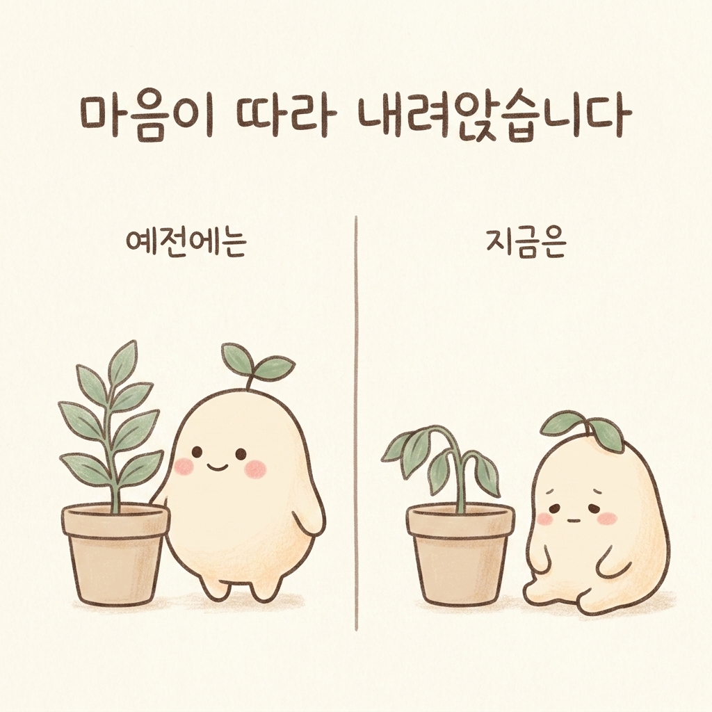 브레인포그가 오래되어 마음이 가라앉은 상태를 표현한 손그림 일러스트
