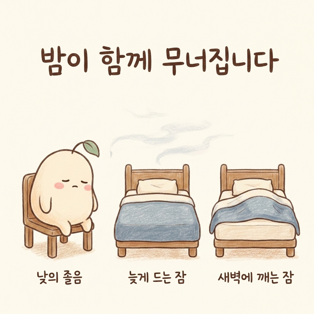 브레인포그가 오래되면 잠이 무너지는 순서를 그린 손그림 일러스트