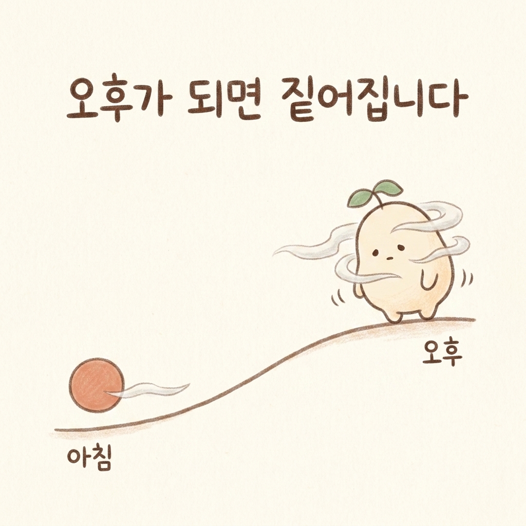 오후로 갈수록 브레인포그가 짙어지는 하루의 결을 그린 손그림 일러스트