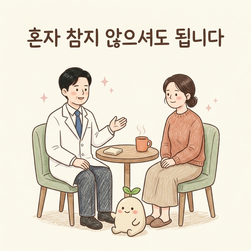 브레인포그 증상을 상담하는 한의사와 환자 손그림 일러스트