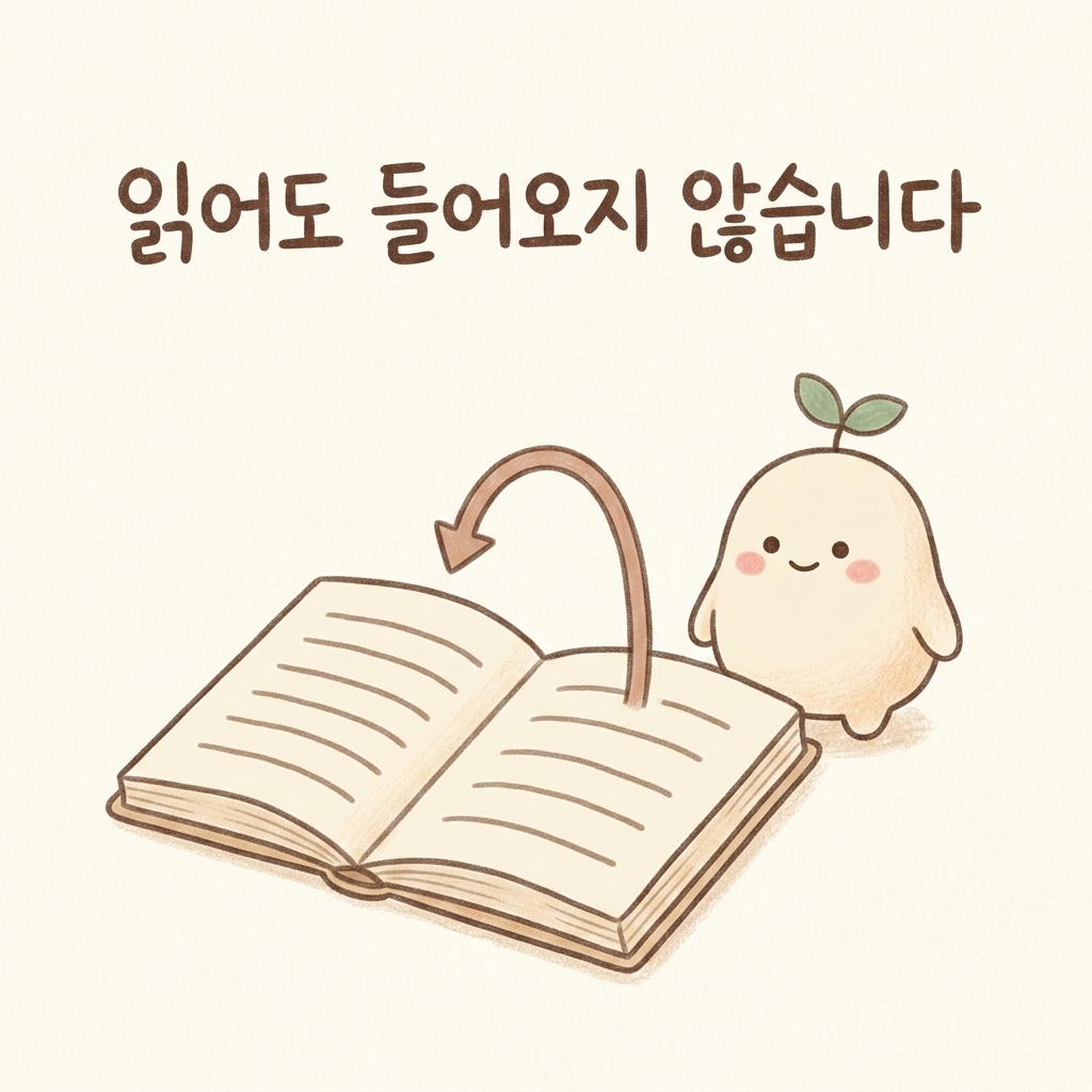읽어도 내용이 들어오지 않아 같은 줄을 다시 읽는 모습을 그린 손그림 일러스트