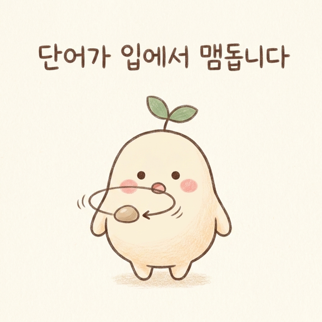 아는 단어가 입에서 맴도는 모습을 그린 손그림 일러스트