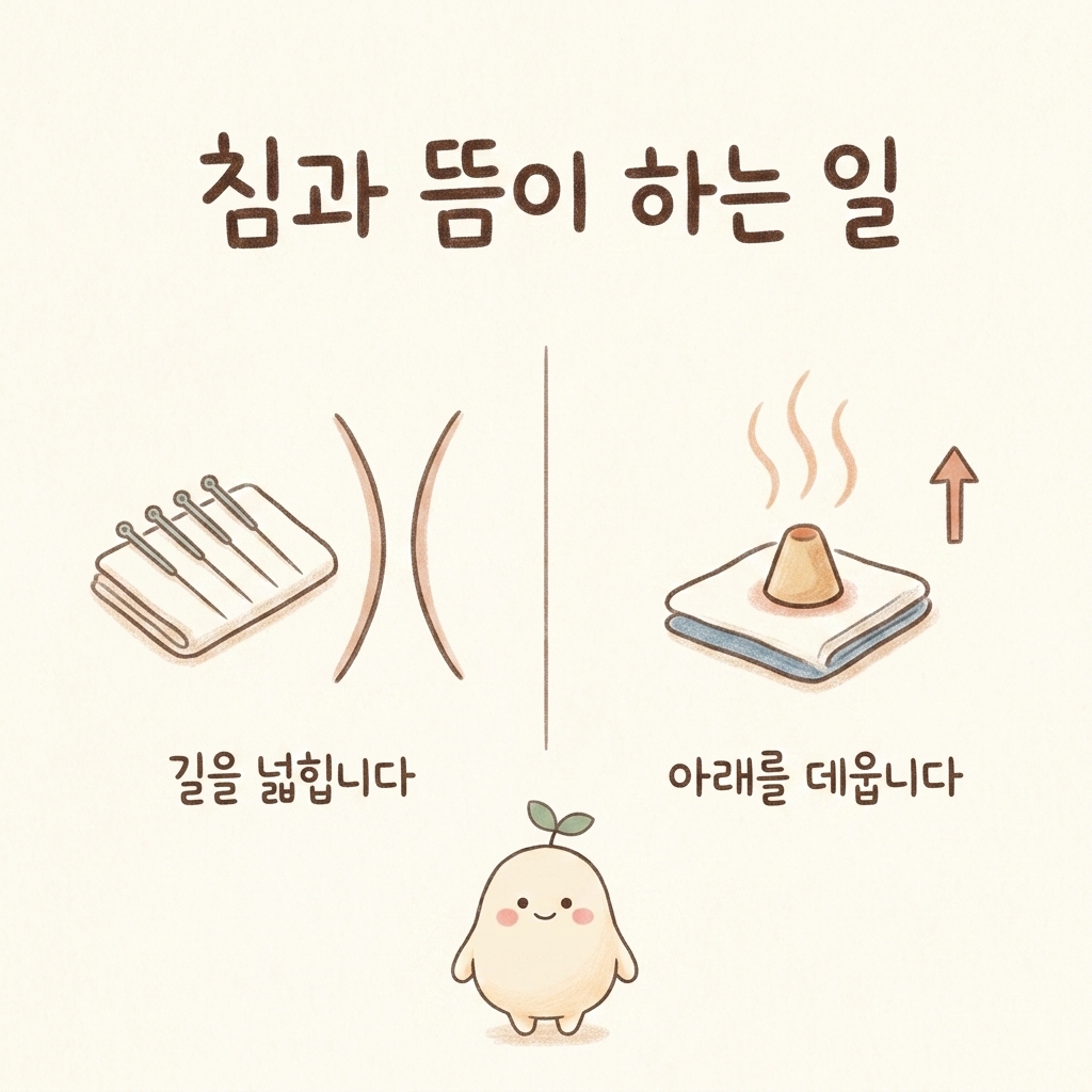침과 뜸이 하는 일을 나누어 그린 손그림 일러스트
