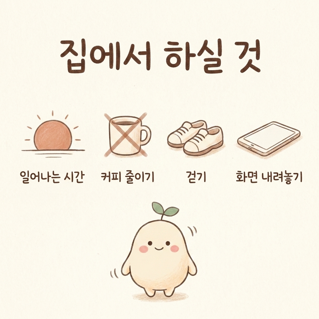 집에서 하실 수 있는 4가지를 그린 손그림 일러스트