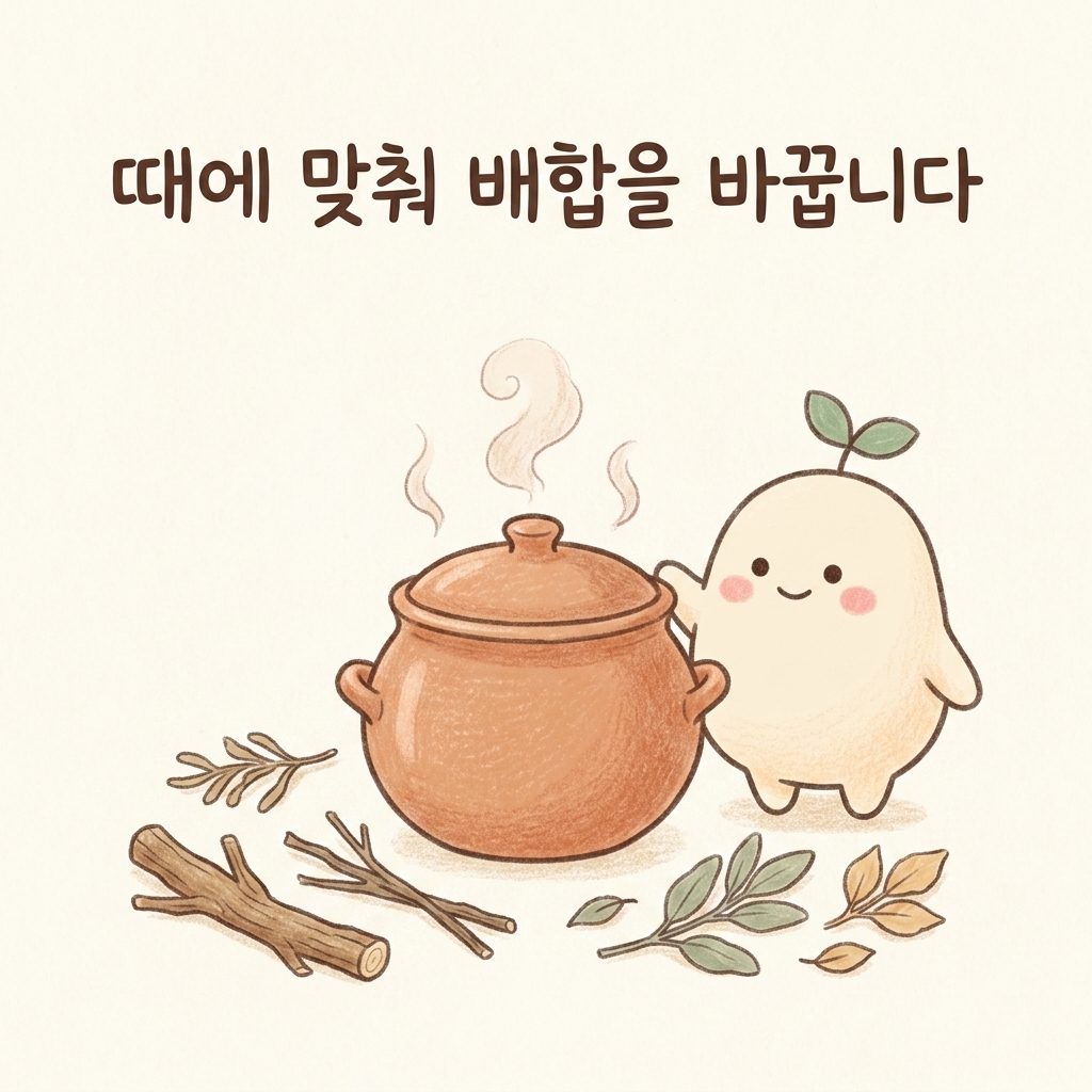 때에 맞춰 배합을 바꾸는 한약을 표현한 손그림 일러스트