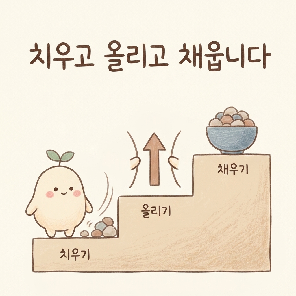 치우고 올리고 채우는 치료 순서를 그린 손그림 일러스트