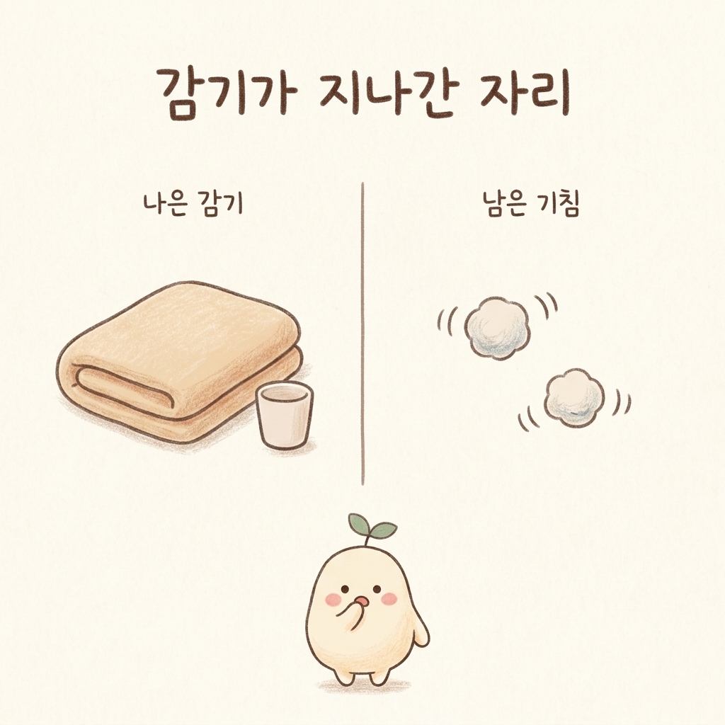 감기가 나은 뒤 예민해진 기관지에 기침이 남는 모습을 그린 손그림 일러스트