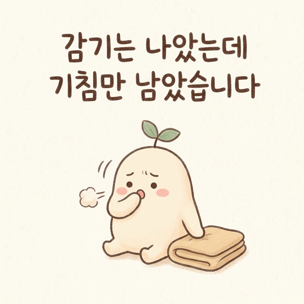 감기가 나은 뒤에도 기침만 남은 모습을 표현한 손그림 일러스트
