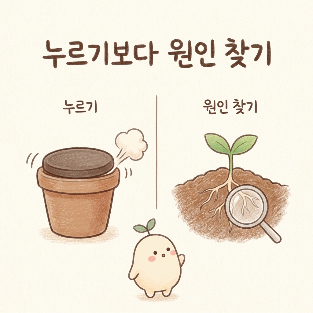 기침약으로 잠시 누르는 것과 원인을 찾는 것의 차이를 그린 손그림 일러스트